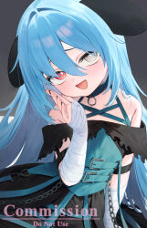  1girl :d animal_ears bandaged_arm bandaged_hand bandages bare_shoulders black_nails black_skirt blue_hair blue_shirt chain commission grey_background grey_eyes hair_between_eyes hand_up head_tilt heterochromia highres long_hair nail_polish original red_eyes shirt skeb_commission skirt smile solo tofu1601 two-tone_background very_long_hair watermark white_background 