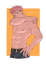  1boy abs belt border brown_eyes commentary_request cropped_legs fknnn13 highres itadori_yuji jujutsu_kaisen male_focus navel nipples orange_background pants pectorals pink_hair short_hair simple_background solo topless_male white_border 