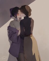  2girls banyuan_(semi_shino) black_hair black_pantyhose black_sweater blush brown_hair brown_skirt chinese_commentary coat commentary grey_sweater hair_bun hair_ribbon hand_on_another's_shoulder highres kimetsu_no_yaiba kochou_shinobu multicolored_hair multiple_girls pantyhose parted_lips purple_coat purple_ribbon purple_skirt purple_streaks ribbon skirt streaked_hair sweatdrop sweater tamayo_(kimetsu_no_yaiba) turtleneck turtleneck_sweater yuri 