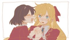 2girls :d black_hair blonde_hair blue_eyes bow claire_francois closed_eyes collared_shirt commentary_request hair_bow holding_hands jacket long_hair looking_at_another multiple_girls profile rae_taylor red_bow red_jacket shake-san shirt short_hair sideways_mouth simple_background sketch small_sweatdrop smile unfinished upper_body watashi_no_oshi_wa_akuyaku_reijou white_background white_shirt yuri 