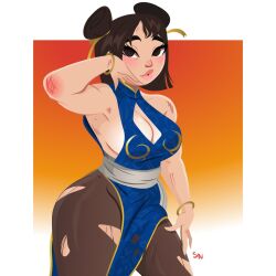  1girl blue_dress brown_eyes brown_hair brown_pantyhose bruise bruise_on_arm bruise_on_face chinese_clothes dress implied_after_fight injury nightlyneu pantyhose pelvic_curtain posing qipao short_hair sleeveless street_fighter_(2026_movie) thick_thighs thighs torn_clothes torn_pantyhose 