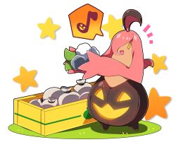  :d blush commentary_request eighth_note fangs gourgeist grass hair_over_one_eye highres holding jack-o'-lantern milkpanda musical_note no_humans notice_lines pink_hair pokemon pokemon_(creature) smile solo spoken_musical_note star_(symbol) white_background yellow_eyes 
