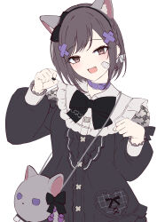  1girl :d absurdres animal_bag animal_ear_hairband animal_ears bag bag_ribbon bandaid bandaid_on_cheek bandaid_on_face black_bow black_bowtie black_dress black_hairband black_nails bob_cut bow bow_hairband bowtie braid breasts brown_eyes brown_hair cat_bag cat_ear_hairband cat_ears cat_loving_(cevio) clenched_hands clothing_cutout collar collared_dress commentary_request dot_nose dress fake_animal_ears fang fingernails flat_color frilled_sleeves frills hair_ornament hair_ribbon hairband hands_up heart heart-shaped_pupils heart_print highres light_blush long_sleeves looking_at_viewer maou1561 medium_breasts nail_polish official_alternate_costume open_mouth paw_pose project_sekai puffy_long_sleeves puffy_sleeves purple_collar raised_eyebrows ribbon shinonome_ena short_hair shoulder_bag shoulder_cutout side_braid simple_background single_braid smile solo swept_bangs symbol-shaped_pupils tongue upper_body white_background white_ribbon x_hair_ornament 