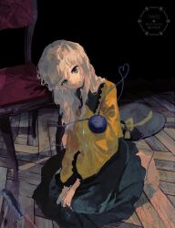  1girl absurdres barefoot black_hat bow buttons chair collared_shirt commentary_request diamond_button disembodied_linked_eye eyeball frilled_shirt_collar frilled_sleeves frills green_eyes green_skirt grey_hair grin hat hat_bow heart heart_of_string highres komeiji_koishi long_sleeves looking_at_viewer missing_headwear shirt sitting skirt smile solo toes touhou uninosono unworn_hat unworn_headwear wide_sleeves yellow_bow yellow_shirt 