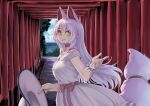  1girl animal_costume animal_ear_fluff animal_ears choker closed_mouth commentary dress fox_ears fox_girl fox_tail hat highres kemono_friends kemono_friends_3 kosai_takayuki long_hair looking_at_viewer oinari-sama_(kemono_friends) ribbon shrine solo summer tail torii white_hair yellow_eyes 