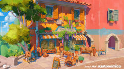  absurdly_detailed_composition absurdres artist_name autonomica awning baguette bakery basket bicycle bread chalkboard_sign cobblestone concept_art copyright_name display_case english_text flour flower food highres jenny_mati loaf_of_bread no_humans official_art outdoors plant planter potted_plant power_lines scenery shop sign sunlight tile_roof tree urban warm_colors wisteria 