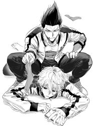  2boys barou_shouei blue_lock bomber_tarou commentary_request greyscale hair_between_eyes highres jacket male_focus monochrome multiple_boys nagi_seishirou open_clothes open_jacket pants shirt short_hair simple_background socks t-shirt track_jacket track_pants white_background zipper_pull_tab 