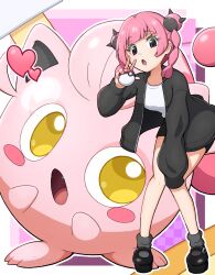  1girl :o absurdres black_eyes black_jacket black_shoes black_shorts blunt_bangs commentary_request coral_(pokemon) eyelashes grey_socks hand_up highres holding holding_poke_ball holding_with_gesture jacket leaning_forward open_clothes open_jacket open_mouth paypayapple008 pink_hair poke_ball poke_ball_(basic) pokemon pokemon_(anime) pokemon_(creature) pokemon_horizons scream_tail shirt shoes shorts socks standing twintails v white_shirt 