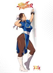  1girl absurdres artist_name blue_dress bracelet breasts brown_eyes brown_hair brown_pantyhose bun_cover capcom chinese_clothes chun-li commentary copyright_name double_bun dress english_commentary hair_bun highres jewelry large_breasts lips pantyhose pelvic_curtain posing puckered_lips qipao r3dfive short_hair solo spiked_bracelet spikes street_fighter street_fighter_(2026_movie) street_fighter_ii_(series) thick_thighs thighs 