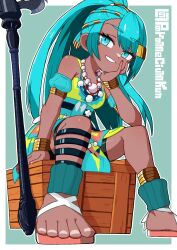  1girl anklet aqua_dress aqua_eyes aqua_hair bare_shoulders bead_necklace beads border box bracelet breasts commentary_request dark-skinned_female dark_skin detached_sleeves dress elbow_rest esmeralda_sinza fire_emblem fire_emblem:_fortune's_weave green_background grin hair_ornament hairclip head_on_hand head_rest high_ponytail highres jewelry long_hair looking_at_viewer medium_breasts necklace on_box outline parameciumkun polearm ponytail puffy_detached_sleeves puffy_sleeves sandals sitting sitting_on_box smile solo toes twitter_username very_long_hair weapon white_border white_outline 