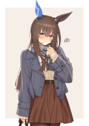  07nono06 1girl absurdres admire_vega_(umamusume) animal_ears belt black_belt blue_jacket blush breasts brown_hair brown_pantyhose brown_skirt closed_mouth commentary_request ear_covers hair_between_eyes highres horse_ears horse_girl jacket long_hair long_sleeves looking_at_viewer open_clothes open_jacket pantyhose scarf single_ear_cover skirt solo umamusume violet_eyes 