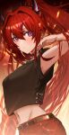  1girl absurdres arknights arm_up armpits choker closed_mouth highres horns long_hair navel ponytail raw_egg_lent redhead solo surtr_(arknights) surtr_(liberte_echec)_(arknights) upper_body very_long_hair violet_eyes 