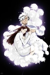  1boy 1girl ace_attorney bai_ri_boon black_background black_hair brown_hair closed_eyes closed_mouth diego_armando dress facial_hair flower godot_(ace_attorney) hand_on_another's_arm highres holding_hands jacket long_hair long_sleeves lying mia_fey on_side one_eye_covered pants scar shirt short_hair simple_background sleeping smile stubble white_dress white_eyes white_flower white_hair white_jacket white_pants white_shirt 