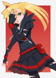  1girl adapted_costume bag black_gloves black_hoodie black_leggings black_skirt blonde_hair border commentary_request ear_piercing fanny_pack fingerless_gloves fua1heyvot4ifsr genderswap genderswap_(mtf) gladion_(pokemon) gloves green_eyes grey_border hair_over_one_eye highres hood hoodie leggings looking_at_viewer open_mouth piercing pokemon pokemon_sun_and_moon ponytail red_background red_bag simple_background skirt solo standing torn_clothes torn_leggings upper_body 