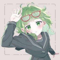  1girl :o ahoge arm_up black_sailor_collar black_serafuku blush commentary dot_nose dotted_line eyewear_on_head from_above glasses green_eyes green_hair gumi highres long_sleeves looking_at_viewer looking_up medium_hair outside_border parted_lips red-framed_eyewear sailor_collar school_uniform serafuku sidelocks solo tsukiframe upper_body vocaloid white_trim yowamushi_mont-blanc_(vocaloid) 