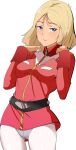 1girl belt blonde_hair blue_eyes breasts chirashi_(so) closed_mouth gundam highres looking_at_viewer medium_breasts military military_uniform mobile_suit_gundam pantyhose sayla_mass short_hair simple_background skirt solo uniform white_background 