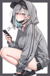  1girl absurdres amaki_daisuke black_choker black_hair black_hat black_nails black_shoes black_shorts black_streaks blue_hair blush border breasts choker cigarette closed_mouth colored_inner_hair commentary dolphin_shorts ear_piercing earrings eyelashes from_side grey_border grey_eyes grey_hair grey_hood grey_jacket hat heart highres holding holding_cigarette holding_phone hood hood_up hooded_jacket jacket jewelry long_sleeves looking_at_viewer looking_to_the_side mask mask_pull medium_hair mouth_mask multicolored_hair nail_polish original outside_border phone piercing shirakaze_yua_(amaki_daisuke) shoes shorts sleeves_past_wrists smoke sneakers socks solo spoken_heart squatting streaked_hair striped_clothes striped_jacket stud_earrings sweat untranslatable_commentary white_background white_socks zipper_pull_tab 