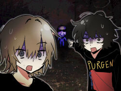  2boys ahoge animification antenna_hair ao_oni artyom_anoufriev asymmetrical_bangs behind_another black_hair black_hoodie black_shirt blonde_hair clothes_writing constricted_pupils double-parted_bangs facing_viewer forest furrowed_brow grass grey_eyes hair_between_eyes hei_mao_nu highres hood hoodie long_sleeves looking_at_viewer male_focus messy_hair multiple_boys nature night nikita_lytkin open_mouth outdoors parted_bangs photo_background pimple pointing pointing_at_another portrait real_life rectangular_mouth scared shirt short_eyebrows short_hair sky sweat sweatdrop the_oni_(ao_oni) tree true_crime turn_pale upper_body wide-eyed 