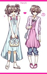  1girl ? bag bow brown_eyes brown_hair cardigan character_name dress footwear_bow fujioka_haruhi full_body hair_between_eyes hair_ornament hairclip highres holding holding_bag long_dress long_hair multiple_views ouran_high_school_host_club pants pants_under_dress parted_lips pink_cardigan pink_dress pink_shirt pink_shoes rnk_77wvv sandals shirt shirt_under_dress shoes short_hair shoulder_bag smile spoken_question_mark standing tomboy twintails white_background white_dress 