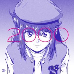  1girl 2000 artist_logo beret blue_theme commentary donna_bright english_commentary film_grain from_above hat jacket jose_salot letterman_jacket logo milestone_celebration no_eyewear original smile solo straight-on upper_body 
