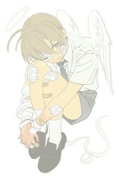  1boy absurdres ahoge angel angel_wings bandaged_arm bandaged_hand bandages bandaid bandaid_on_leg black_necktie brown_hair closed_mouth collared_shirt commentary eyepatch grey_eyes halo highres knees_to_chest liebeimsumpf light_blush loafers looking_at_viewer male_focus medical_eyepatch necktie original shirt shoes short_hair short_sleeves shorts simple_background sitting smile socks solo untranslatable_commentary white_background white_shirt white_wings wings 