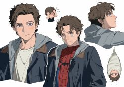  1boy absurdres bandaid blue_jacket blush brown_eyes brown_hair chibi closed_mouth commentary_request highres hood hood_down hooded_jacket jacket korean_commentary looking_at_viewer male_focus margherita1827 marvel open_clothes open_jacket peter_parker profile shirt short_hair spider-man spider-man:_brand_new_day spider-man_(original_suit) spider-man_(series) superhero_costume white_shirt 