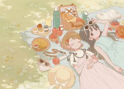  2girls :o adjusting_eyewear apple banana berry black_hair blue_dress book bow bread brown_hair camera closed_eyes croissant cup dappled_sunlight dress earrings eyewear_on_head food fork fruit grass hair_ornament hairclip hands_on_own_stomach hat hat_bow highres inoue_haruka_(haruharu210) jewelry long_hair mug multiple_girls original outdoors picnic picnic_blanket pink_dress plate short_hair short_sleeves sleeveless sleeveless_dress smile spoon sunglasses sunlight thermos tomato unworn_eyewear unworn_hat unworn_headwear 