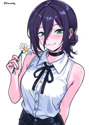  1girl absurdres armpit_crease artist_name bare_arms black_choker black_skirt blush breasts buttons chainsaw_man choker closed_mouth collared_shirt commentary daisy_(flower) dot_nose english_commentary flower green_eyes grenade_pin hair_between_eyes hair_bun hand_up highres holding holding_flower long_hair_between_eyes looking_at_viewer medium_hair neck_ribbon nose_blush purple_hair reze_(chainsaw_man) ribbon shirt shirt_tucked_in sidelocks simple_background skirt sleeveless sleeveless_shirt small_breasts smile solo split_mouth twitter_username upper_body vewuinsky white_background white_shirt 