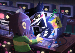  1boy 1other absurdres androgynous antenna_hair black-framed_eyewear black_hair brown_hair commentary_request computer computer_keyboard deltarune glasses green_sweater heterochromatic_eyewear highres indoors kris_(deltarune) long_sleeves monitor open_mouth pink-tinted_eyewear round_eyewear short_hair spamton_g._spamton sweat sweater teeth tinted_eyewear utdr_(toby_fox) watawata22 yellow-tinted_eyewear 