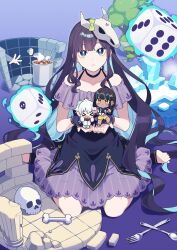  1girl akebiashita animal_skull bare_shoulders black_choker black_dress black_hair blue_eyes blue_hair blunt_bangs bone bow character_doll character_request choker colored_inner_hair commentary_request cooking_pot dice doll dress fork green_bow halter_dress halterneck ice indie_virtual_youtuber kneeling long_hair looking_at_viewer memento_mori_(vtuber) multicolored_dress multicolored_hair off-shoulder_dress off_shoulder purple_dress skull skull_on_head solo spoon sweatdrop tree virtual_youtuber 