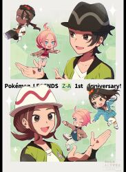  3boys 3girls :d anniversary black_hair black_hat blue_eyes brown_eyes brown_hair chibi commentary_request dark-skinned_male dark_skin green_jacket grin hands_up harmony_(pokemon) hat highres jacket lida_(pokemon) multiple_boys multiple_girls naveen_(pokemon) open_clothes open_jacket open_mouth paxton_(pokemon) pokemon pokemon_legends:_z-a shirt sidelocks smile sparkle taunie_(pokemon) teeth toi_(nisanrei121) urbain_(pokemon) white_shirt 