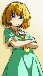  1girl :s absurdres blonde_hair blush cowboy_shot crossed_arms dress film_grain glaring green_dress grey_hairband hairband highres higurashi_no_naku_koro_ni houjou_satoko kyyubea looking_at_viewer necktie open_clothes pink_eyes sailor_collar short_hair short_sleeves simple_background solo standing sweatdrop v-shaped_eyebrows yellow_necktie yellow_sailor_collar 