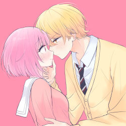  1boy 1girl blonde_hair blush breasts cardigan closed_mouth collared_shirt diagonal-striped_clothes diagonal-striped_necktie eye_contact hair_between_eyes hand_on_another's_face hetero highres kamiyama_high_school_uniform_(project_sekai) looking_at_another medium_breasts miyamasuzaka_girls'_academy_school_uniform necktie nose_blush ootori_emu orange_eyes pink_background pink_cardigan pink_hair pnyo_emc project_sekai sailor_collar school_uniform serafuku shirt simple_background striped_clothes striped_necktie tenma_tsukasa upper_body violet_eyes white_sailor_collar white_shirt wide-eyed yellow_cardigan 