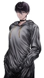  1girl absurdres baggy_pants belt_collar black_choker black_hair breasts choker collar dark-skinned_female dark_skin earrings grey_hoodie hair_between_eyes hands_in_pockets highres hood hoodie jewelry kobun0 looking_at_viewer loose_pants may_(kobun0) mole mole_under_eye multiple_earrings original pants parted_lips pixie_cut short_hair simple_background smile solo tomboy white_background yellow_eyes 