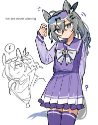  1girl ? animal_ears arm_behind_back bow bowtie commentary cowboy_shot crossed_bangs drill_hair drill_ponytail emne english_commentary english_text eyewear_on_head grey_eyes grey_hair hand_up honkai:_star_rail honkai_(series) horse_ears horse_girl horse_tail kemonomimi_mode long_hair long_sleeves looking_at_viewer musical_note purple-tinted_eyewear purple_shirt purple_skirt purple_thighhighs sailor_collar sailor_shirt school_uniform shirt silver_wolf_(honkai:_star_rail) simple_background sketch_inset skirt solo spoken_musical_note tail thigh-highs tinted_eyewear tracen_school_uniform umamusume white_background white_bow white_bowtie winter_uniform zettai_ryouiki 