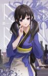  black_hair blue_kimono bottle candy commentary_request cup drinking_glass food highres holding holding_candy holding_food inoue_takina japanese_clothes kimono long_hair looking_at_viewer lycoris_recoil moshi_ruo obi sash sheath smile twintails unsheathing violet_eyes wine_bottle wine_glass 