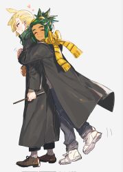  2boys alternate_costume black_coat blonde_hair blush brown_shoes closed_eyes coat commentary_request dark-skinned_male dark_skin fua1heyvot4ifsr full_body gladion_(pokemon) green_eyes green_hair green_scarf grey_background grey_pants harry_potter_(series) hau_(pokemon) heart highres hogwarts_school_uniform holding holding_wand hufflepuff hug looking_at_another male_focus multiple_boys pants pokemon pokemon_sun_and_moon scarf school_uniform shoes simple_background slytherin socks standing wand white_shoes wizarding_world yellow_scarf 
