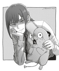  1girl black_necktie border chainsaw_man collared_shirt commentary creature evil_smile greyscale hand_on_another's_shoulder head_on_hand highres makima_(chainsaw_man) monochrome necktie pochita_(chainsaw_man) screentones seveninks shirt smile sweatdrop tearing_up twitter_username upper_body white_border white_shirt wide-eyed 