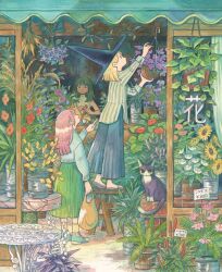  3girls animal aqua_sweater arm_up bag blonde_hair cat chair commentary dress_shirt english_commentary florist flower flower_pot flower_request flower_shop from_outside from_side full_body green_hair green_skirt hanging_plant hat heikala highres holding holding_bag long_hair long_sleeves medium_hair multiple_girls on_chair on_stool original pants pink_hair plant pointing pothos_(plant) potted_plant price price_tag profile reaching red_flower red_hair sandals shirt shoes shop skirt smile sneakers socks standing standing_on_chair stool striped_clothes striped_shirt sunflower sweater sweater_vest table turtleneck turtleneck_sweater vertical-striped_clothes vertical-striped_shirt wide-leg_pants wide_shot window witch_hat wooden_stool yen_sign 