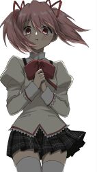  1girl black_skirt bow bowtie brown_jacket commentary genkai_kachiku highres jacket juliet_sleeves kaname_madoka long_sleeves looking_at_viewer mahou_shoujo_madoka_magica mahou_shoujo_madoka_magica_(anime) mitakihara_school_uniform own_hands_together pink_eyes pink_hair puffy_sleeves red_bow red_bowtie school_uniform short_twintails simple_background skirt solo thigh-highs twintails white_background white_thighhighs zettai_ryouiki 