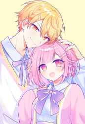  1boy 1girl blonde_hair blunt_bangs bob_cut bow bowtie closed_mouth collared_shirt gradient_hair hair_between_eyes hair_ornament hairclip highres long_sleeves multicolored_hair multiple_hairclips ootori_emu open_mouth orange_eyes orange_hair pink_eyes pink_hair pnyo_emc project_sekai ribbon shirt short_hair simple_background tenma_tsukasa upper_body yellow_background 