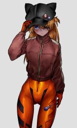  1girl absurdres black_hat blue_eyes blush commentary_request evangelion:_3.0_you_can_(not)_redo eyepatch fake_horns hat highres horned_headwear horns jacket looking_at_viewer mecha_pilot_suit neon_genesis_evangelion newsboy_cap orange_hair plugsuit_(evangelion) rebuild_of_evangelion red_jacket simple_background solo souryuu_asuka_langley track_jacket vivo_(vivo_sun_0222) 