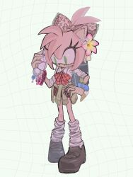  1girl amy_rose backpack bag bow bowtie brown_shoes brown_skirt brown_sweater cellphone_charm charm_(object) clothes_around_waist collared_shirt commentary_request earrings fingernails flower full_body furry furry_female green_eyes grid_background gyaru hair_bow hair_flower hair_ornament hand_on_own_hip heart heart_earrings hedgehog_girl highres holding holding_phone jewelry loafers long_fingernails loose_socks phone pink_bow pink_flower pink_nails red_bow red_bowtie scrunchie shirt shoes skirt sleeves_rolled_up socks solo sonic_(series) standing sweater sweater_around_waist talking_on_phone urbestfriend_2 white_nails white_shirt white_socks wrist_scrunchie 