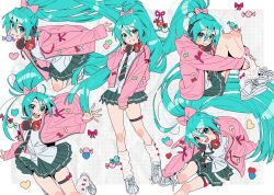  1girl absurdres aqua_eyes aqua_hair black_skirt blush bow candy closed_mouth commentary_request food full_body hair_bow hair_ornament hatsune_miku hatsune_miku_(ribbon_girl) headphones headphones_around_neck high_ponytail highres ichizen_ryuu jacket kneehighs long_hair long_sleeves looking_at_viewer loose_socks miniskirt multiple_expressions multiple_views necktie open_clothes open_mouth pink_bow pink_jacket pleated_skirt ponytail project_diva_(series) shirt shoes simple_background skirt smile socks standing striped_clothes striped_necktie twintails very_long_hair vocaloid white_background white_socks 