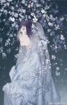  1girl absurdres black_hair blue_eyes branch closed_mouth dress expressionless falling_petals flower from_side gloves gou_haihaihaihai hair_ornament highres looking_at_viewer original petals solo upper_body veil white_flower white_gloves 