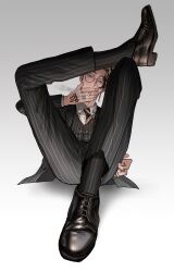  1boy absurdres black_hair blonde_hair cigarette collared_shirt diagonal-striped_clothes diagonal-striped_necktie earrings grey_suit grey_vest hand_tattoo hanma_shuuji haze_(ha_ze) highres holding holding_cigarette jacket jewelry long_sleeves male_focus multicolored_hair necktie pants pinstripe_jacket pinstripe_pants pinstripe_pattern pinstripe_suit pinstripe_vest ring round_eyewear shirt short_hair simple_background single_earring sitting solo striped_clothes striped_jacket striped_necktie striped_pants striped_vest suit tattoo tokyo_revengers two-tone_hair vertical-striped_clothes vertical-striped_jacket vertical-striped_pants vertical-striped_vest vest white_background white_shirt yellow-framed_eyewear yellow_eyes yellow_necktie 
