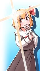 1girl ascot black_skirt black_vest blonde_hair blue_background candy collared_shirt commentary_request eating food gradient_background hair_ribbon highres holding holding_candy holding_food holding_lollipop lollipop long_sleeves looking_at_viewer medium_hair outline red_ascot red_eyes red_ribbon ribbon roco_(katsuya1011) rumia shirt skirt skirt_set solo swirl_lollipop touhou vest white_outline white_shirt 