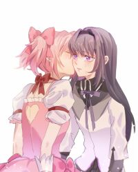  2girls absurdres akemi_homura akemi_homura_(magical_girl) black_hair black_hairband bow closed_eyes closed_mouth commentary_request dress hair_bow hairband highres hirohoshizaki kaname_madoka kaname_madoka_(magical_girl) kiss kissing_cheek long_hair mahou_shoujo_madoka_magica mahou_shoujo_madoka_magica_(anime) multiple_girls neck_ribbon pink_bow pink_dress pink_hair purple_ribbon ribbon shirt short_twintails simple_background twintails violet_eyes white_background white_shirt yuri 