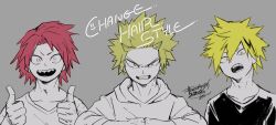  3boys alternate_hairstyle arms_up bakugou_katsuki black_hair blonde_hair boku_no_hero_academia clenched_teeth collarbone commentary dated double-parted_bangs double_thumbs_up grey_background hair_down head_tilt highres hood hood_down hoodie ikapnmn2 kaminari_denki kirishima_eijiro looking_at_viewer male_focus multicolored_hair multiple_boys open_mouth protected_link red_hair sharp_teeth shirt signature simple_background spiky_hair streaked_hair t-shirt teeth thumbs_up upper_body upper_teeth_only v-neck v-shaped_eyebrows wide-eyed 
