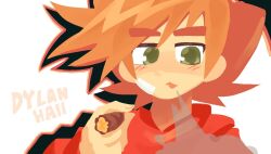  1boy :3 animification artist_name bandage_on_cheek brown_hair cigar commentary derivative_work eddsworld english_commentary exhaling_smoke flipped_hair green_eyes holding holding_cigar hood hood_down hoodie jealousy_(cuptoast) kmfdylaan looking_at_viewer male_focus no_lineart open_mouth portrait red_hoodie short_hair solo spotlight thick_eyebrows tord_(eddsworld) 